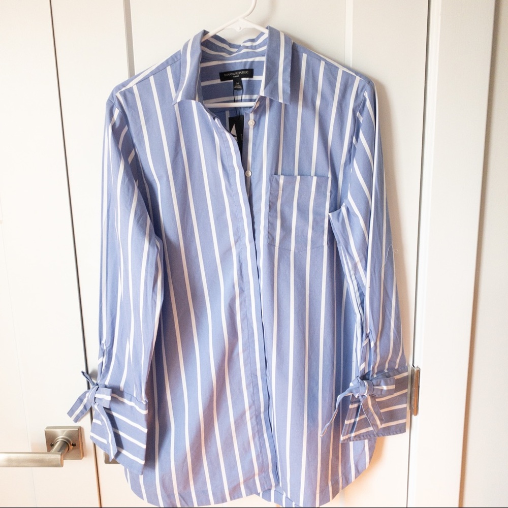 Banana Republic Blue White Stripe Tie Sleeve Button Down Tunic Shirt NWT